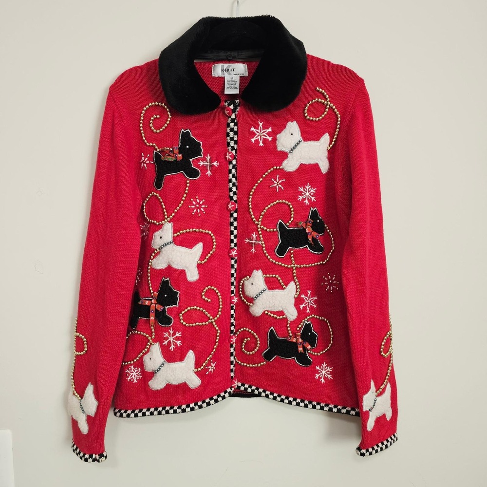 Vintage Cardigan Sweater Womens Medium Red Scottie Dog Beaded Holiday Festive